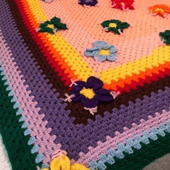 Rainbow 3D Flowers Crochet Throw Afghan Blanket - Picture 6 of 10